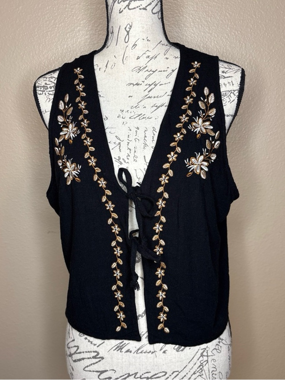 Sleeveless Black Embroidered Tie-Front vest